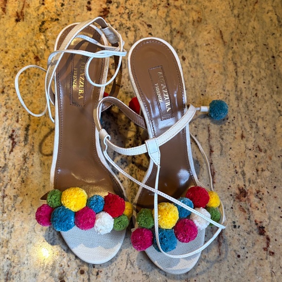 Aquazzura White Sandals with Colorful Pom Poms sz 6.5 - Picture 2 of 2